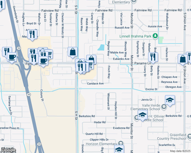 map of restaurants, bars, coffee shops, grocery stores, and more near 6800 Hammond Way in Bakersfield