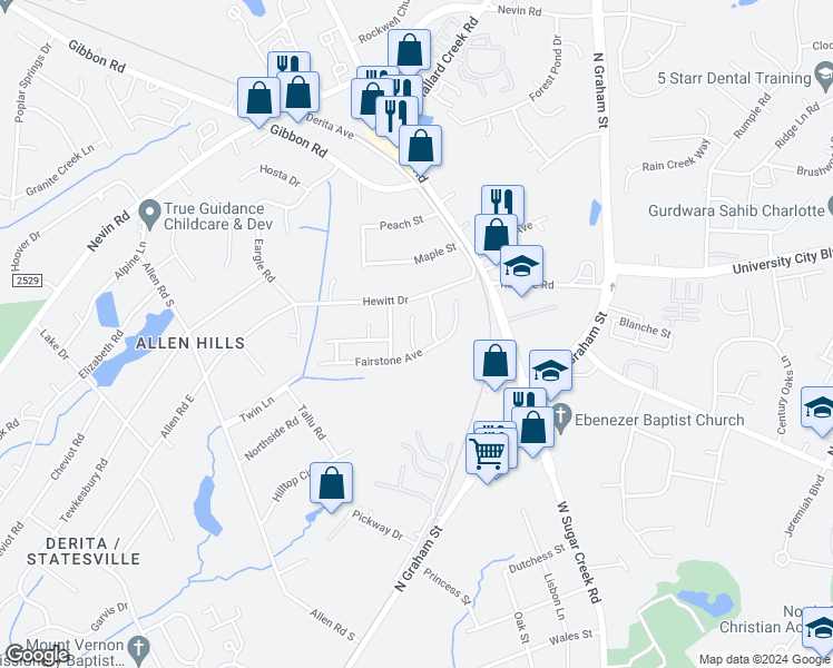 map of restaurants, bars, coffee shops, grocery stores, and more near 6020 Veckman Court in Charlotte