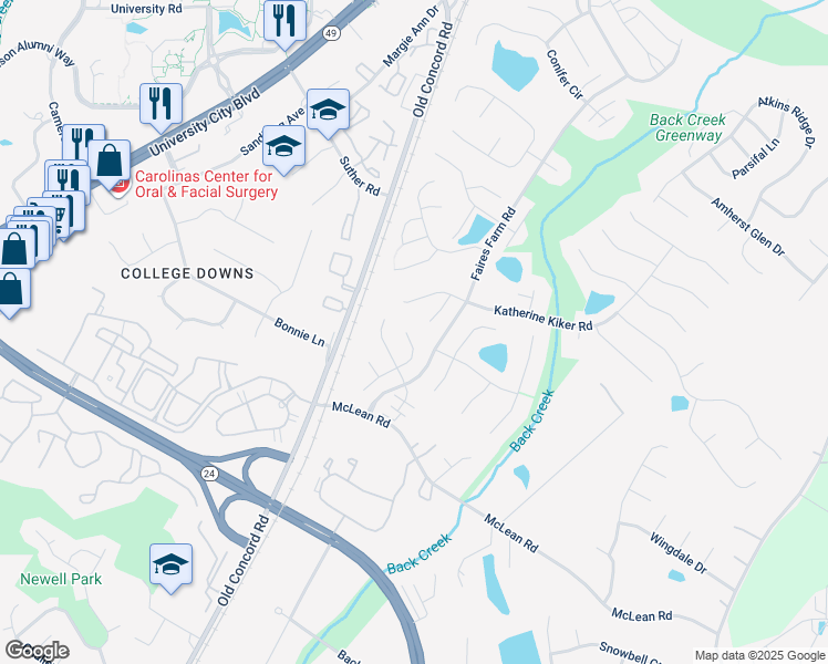 map of restaurants, bars, coffee shops, grocery stores, and more near 9324 Amy Drive in Charlotte