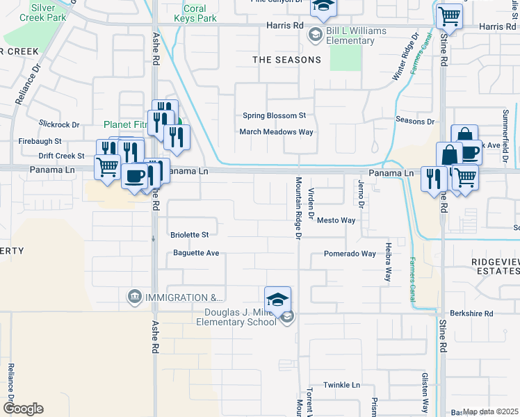 map of restaurants, bars, coffee shops, grocery stores, and more near 5913 Hawthorn Tree Lane in Bakersfield