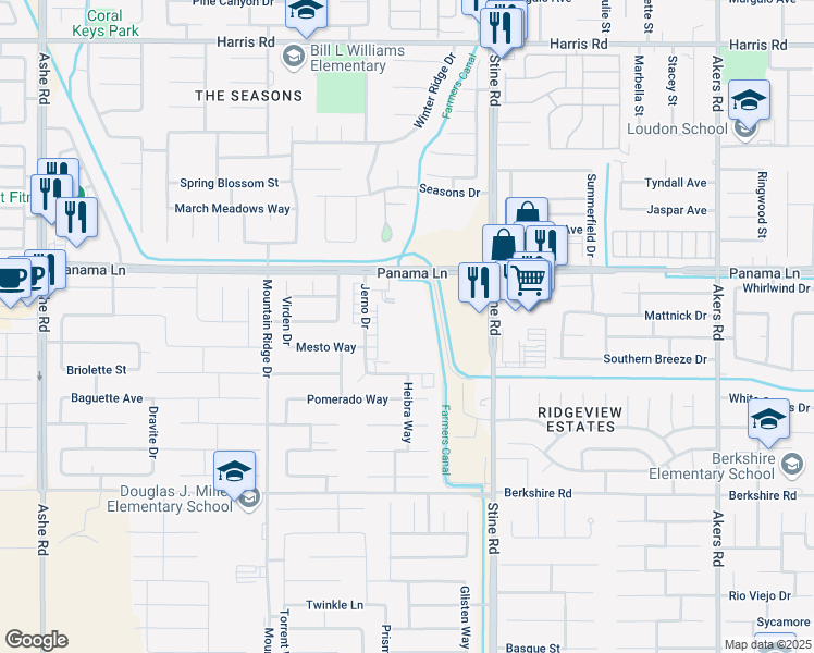 map of restaurants, bars, coffee shops, grocery stores, and more near 5004 Callado Lane in Bakersfield