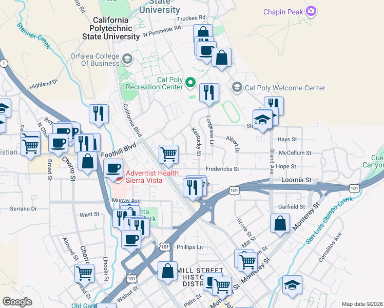 map of restaurants, bars, coffee shops, grocery stores, and more near 1270 Fredericks Street in San Luis Obispo