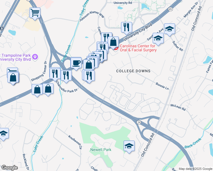 map of restaurants, bars, coffee shops, grocery stores, and more near 9016 Meadow Vista Road in Charlotte