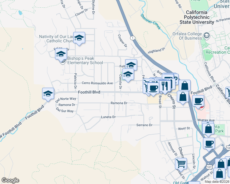 map of restaurants, bars, coffee shops, grocery stores, and more near Foothill Blvd & N Tassajara Dr in San Luis Obispo