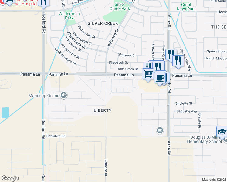 map of restaurants, bars, coffee shops, grocery stores, and more near 7493-7999 Panama Lane in Bakersfield