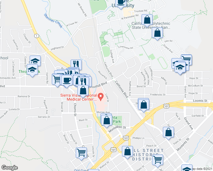 map of restaurants, bars, coffee shops, grocery stores, and more near 35 Stenner Street in San Luis Obispo