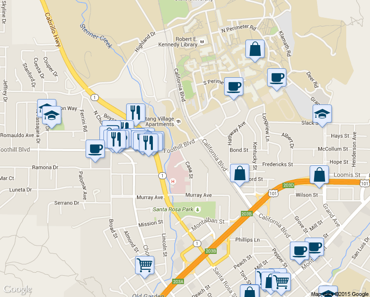 map of restaurants, bars, coffee shops, grocery stores, and more near 21 Casa Street in San Luis Obispo