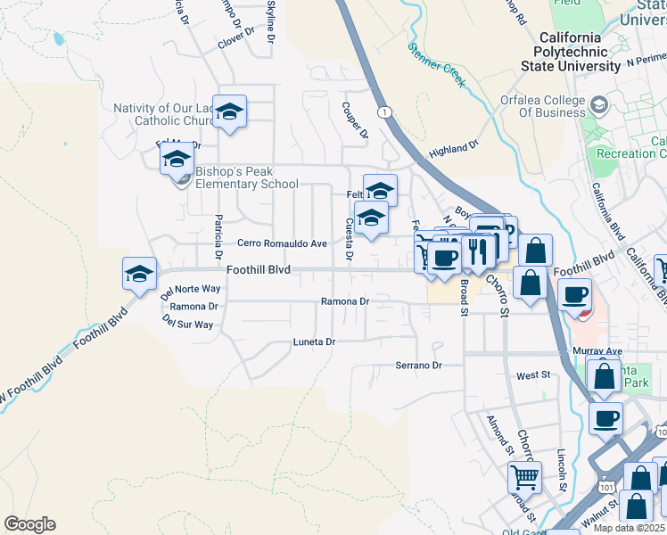 map of restaurants, bars, coffee shops, grocery stores, and more near 12 South Tassajara Drive in San Luis Obispo