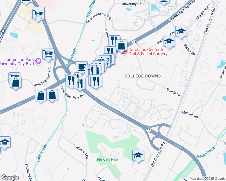 map of restaurants, bars, coffee shops, grocery stores, and more near 9016 Meadow Vista Road in Charlotte