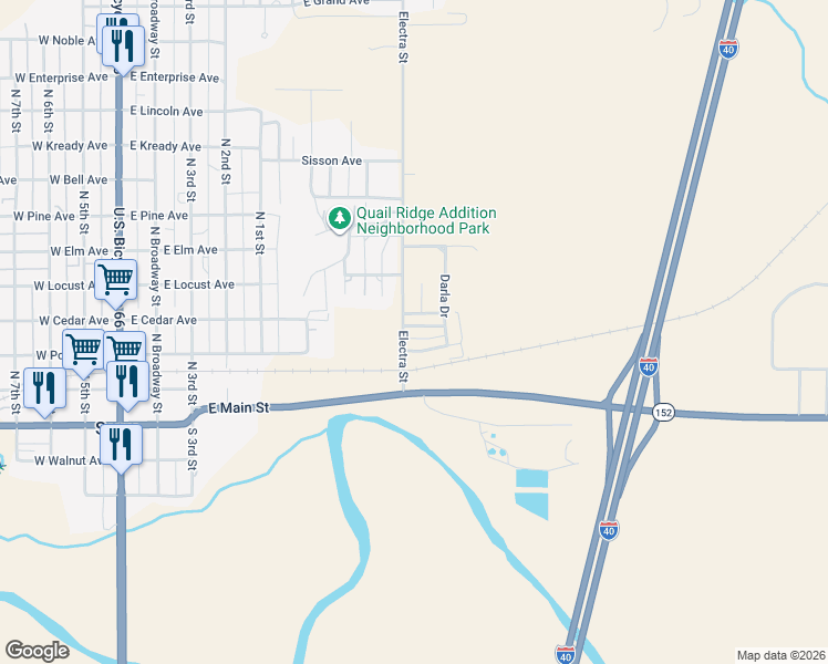 map of restaurants, bars, coffee shops, grocery stores, and more near 106 Magnolia in Sayre