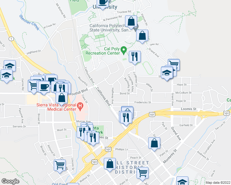 map of restaurants, bars, coffee shops, grocery stores, and more near 1216 Bond Street in San Luis Obispo