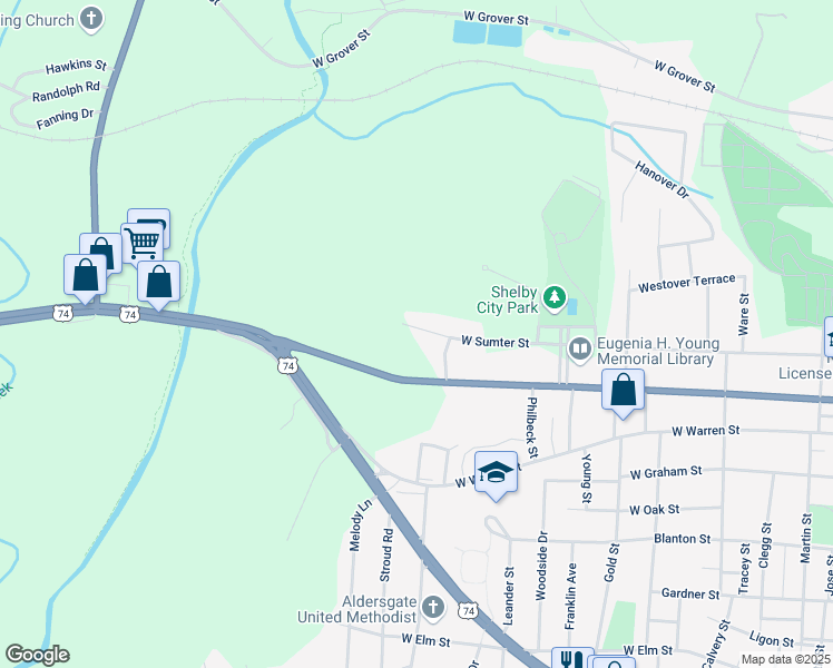 map of restaurants, bars, coffee shops, grocery stores, and more near 1005 West Sumter Street in Shelby