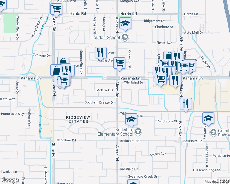 map of restaurants, bars, coffee shops, grocery stores, and more near 6707 Windpiper Lane in Bakersfield