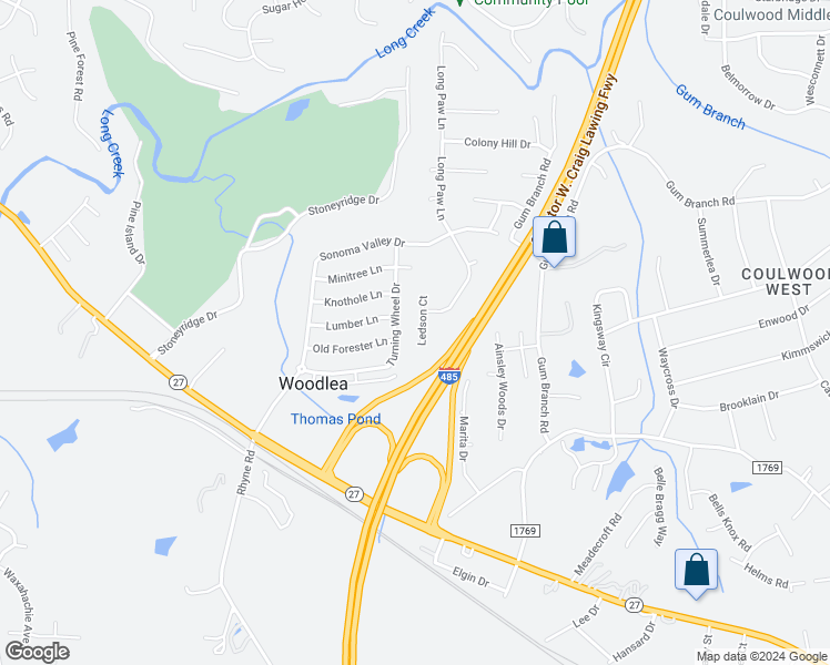 map of restaurants, bars, coffee shops, grocery stores, and more near 1710 Ledson Court in Charlotte