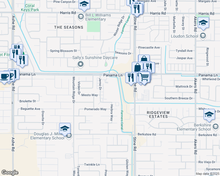 map of restaurants, bars, coffee shops, grocery stores, and more near 5201 Gasol Court in Bakersfield