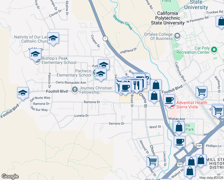 map of restaurants, bars, coffee shops, grocery stores, and more near 585 Cerro Romauldo Avenue in San Luis Obispo