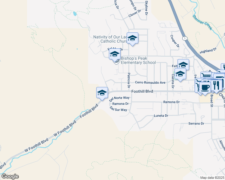 map of restaurants, bars, coffee shops, grocery stores, and more near 124 Foothill Boulevard in San Luis Obispo