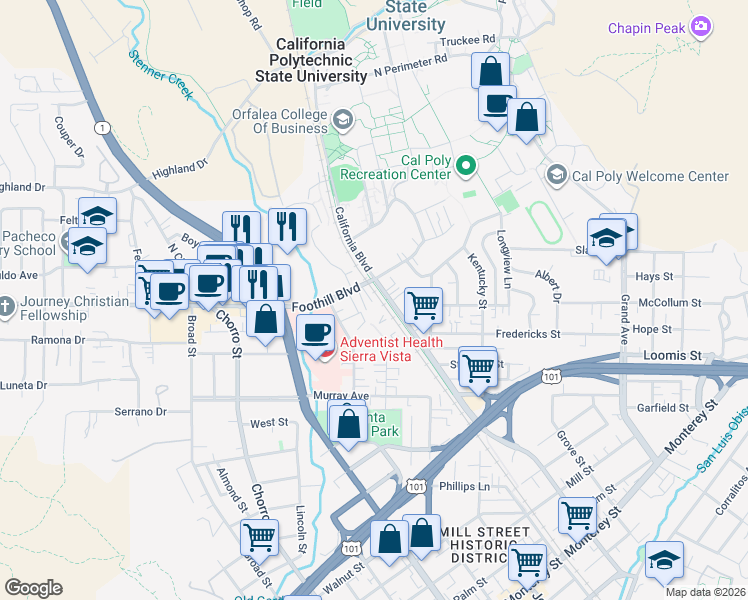 map of restaurants, bars, coffee shops, grocery stores, and more near 1185 Foothill Boulevard in San Luis Obispo
