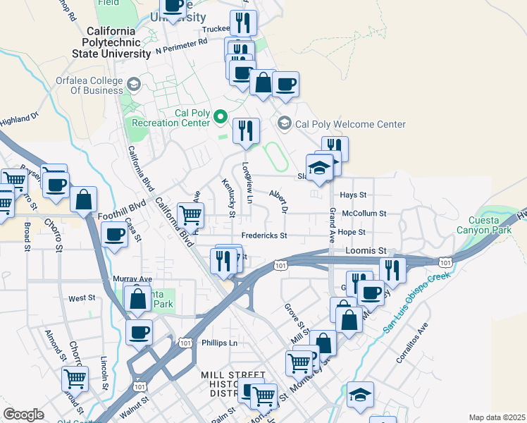 map of restaurants, bars, coffee shops, grocery stores, and more near 285 Chaplin Lane in San Luis Obispo