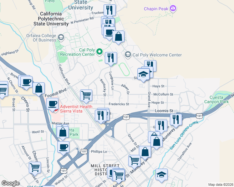 map of restaurants, bars, coffee shops, grocery stores, and more near 225 Albert Drive in San Luis Obispo