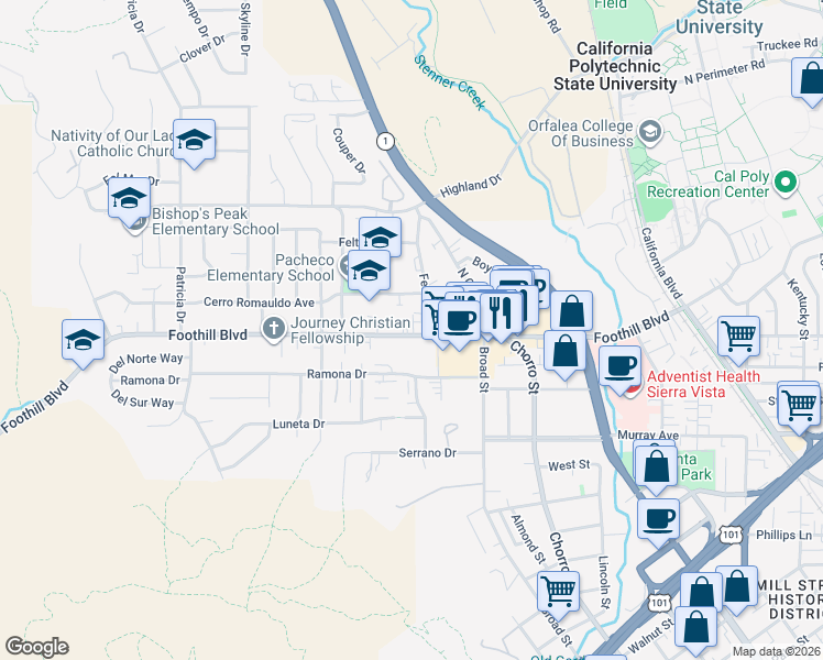 map of restaurants, bars, coffee shops, grocery stores, and more near 585 Cerro Romauldo Avenue in San Luis Obispo