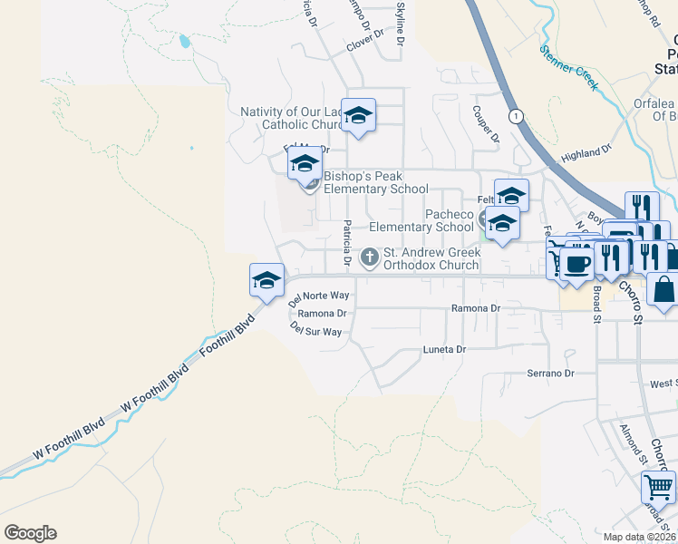 map of restaurants, bars, coffee shops, grocery stores, and more near 169 Cerro Romauldo Avenue in San Luis Obispo