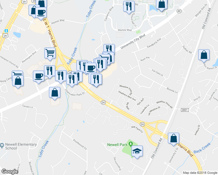 map of restaurants, bars, coffee shops, grocery stores, and more near 9179 Meadow Vista Road in Charlotte