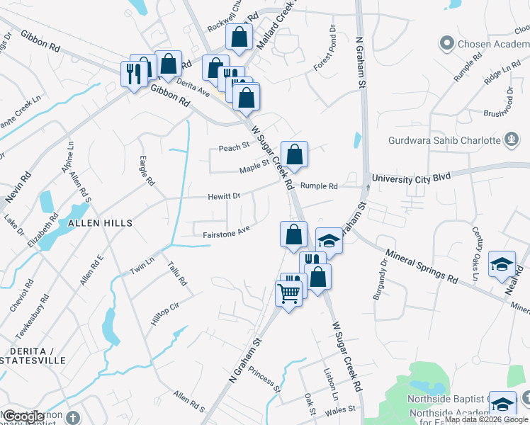 map of restaurants, bars, coffee shops, grocery stores, and more near 2407 Fairstone Avenue in Charlotte
