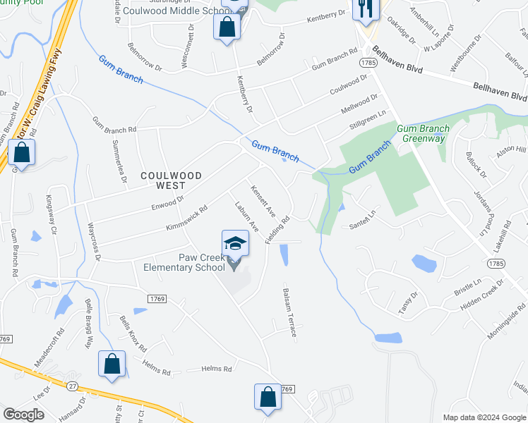 map of restaurants, bars, coffee shops, grocery stores, and more near 154 Kensett Avenue in Charlotte