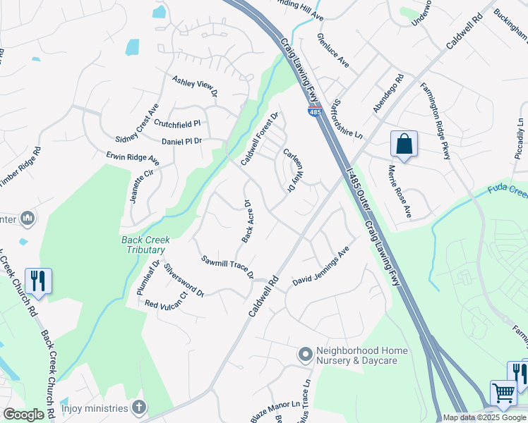 map of restaurants, bars, coffee shops, grocery stores, and more near 3914 Caldwell Ridge Parkway in Charlotte