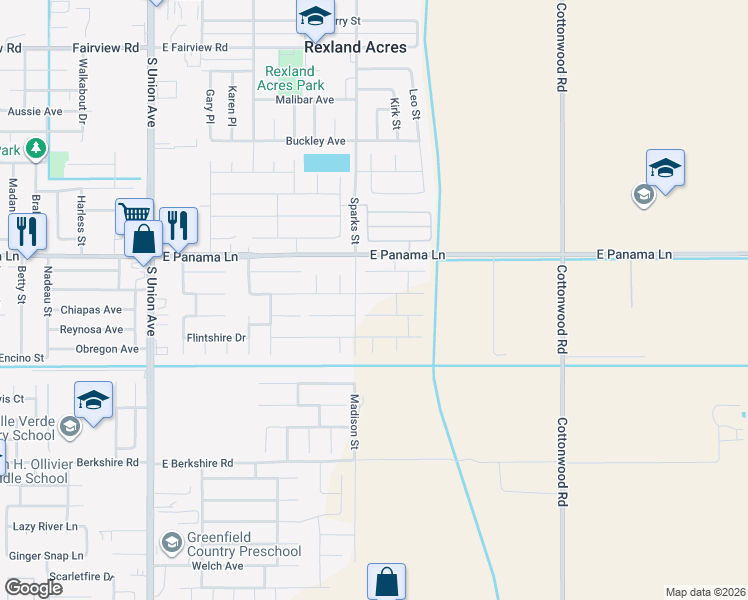 map of restaurants, bars, coffee shops, grocery stores, and more near 1157-1799 East Panama Lane in Bakersfield