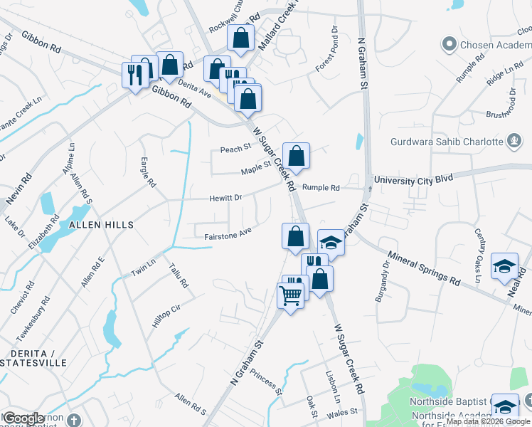 map of restaurants, bars, coffee shops, grocery stores, and more near 2407 Fairstone Avenue in Charlotte