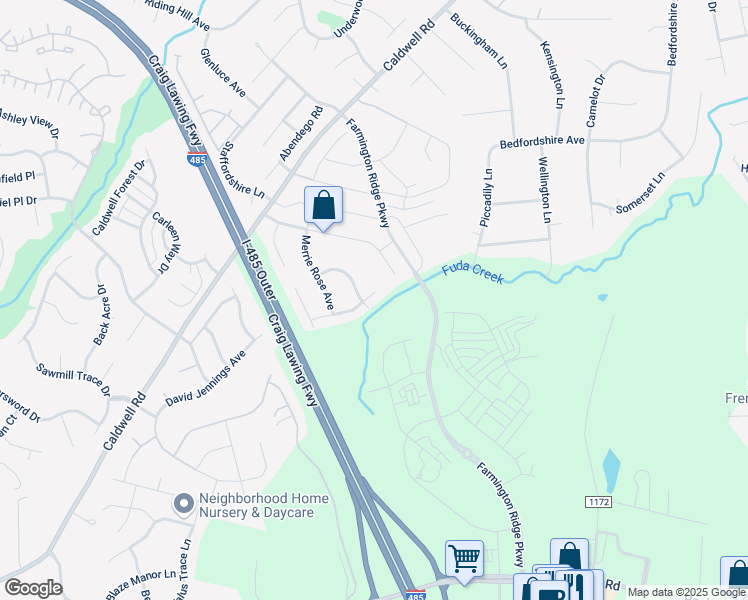 map of restaurants, bars, coffee shops, grocery stores, and more near 5224 Hawkins Meadow Court in Charlotte