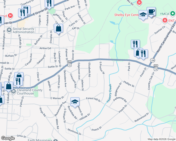 map of restaurants, bars, coffee shops, grocery stores, and more near 932 Elizabeth Road in Shelby