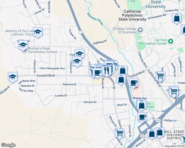 map of restaurants, bars, coffee shops, grocery stores, and more near 710 E Foothill Blvd in San Luis Obispo