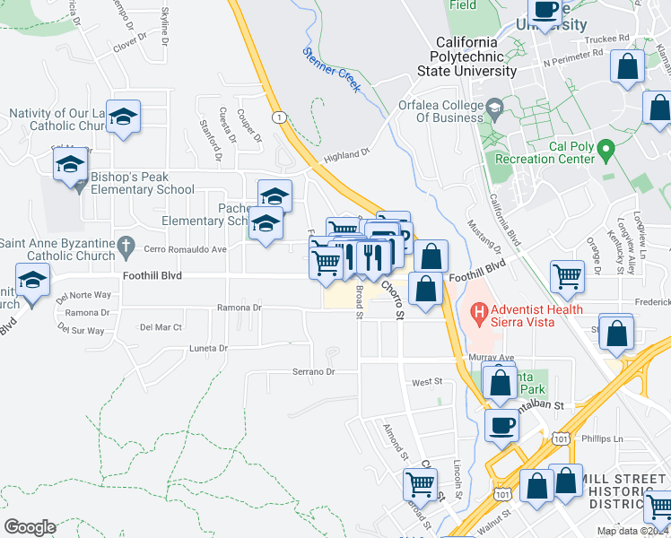 map of restaurants, bars, coffee shops, grocery stores, and more near 748 Foothill Boulevard in San Luis Obispo