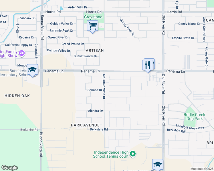 map of restaurants, bars, coffee shops, grocery stores, and more near 10500 Valverde Drive in Bakersfield
