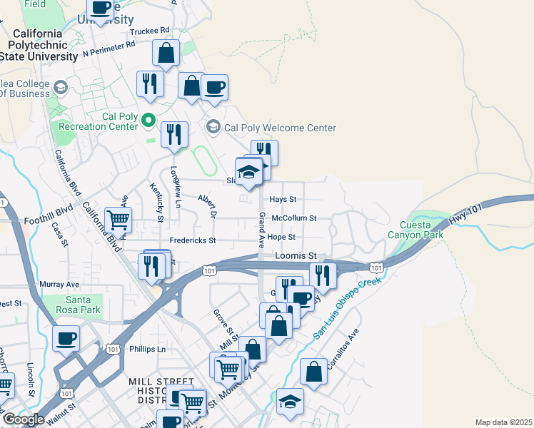 map of restaurants, bars, coffee shops, grocery stores, and more near 1843 Hays Street in San Luis Obispo