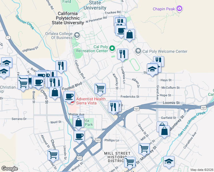 map of restaurants, bars, coffee shops, grocery stores, and more near 148 Orange Drive in San Luis Obispo
