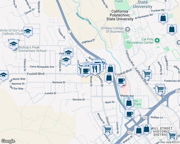 map of restaurants, bars, coffee shops, grocery stores, and more near 229 North Chorro Street in San Luis Obispo