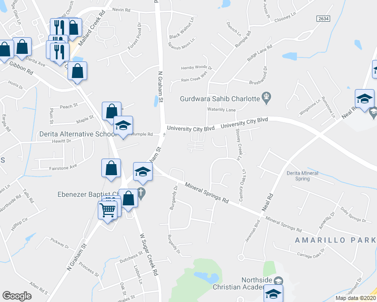 map of restaurants, bars, coffee shops, grocery stores, and more near 5340 University City Boulevard in Charlotte