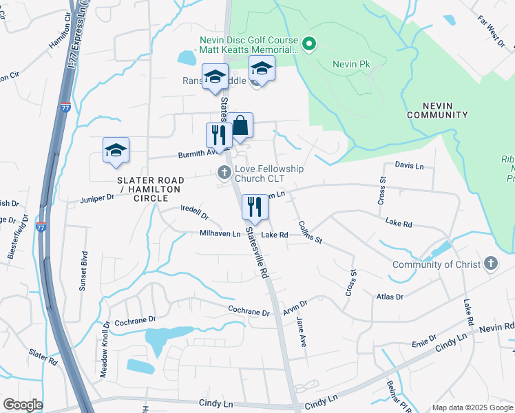 map of restaurants, bars, coffee shops, grocery stores, and more near 3401 Durham Lane in Charlotte