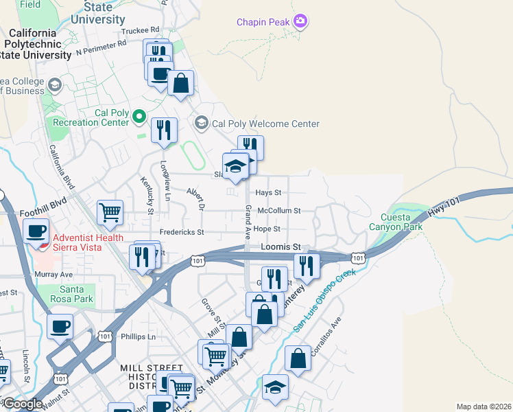 map of restaurants, bars, coffee shops, grocery stores, and more near 1843 Hays Street in San Luis Obispo