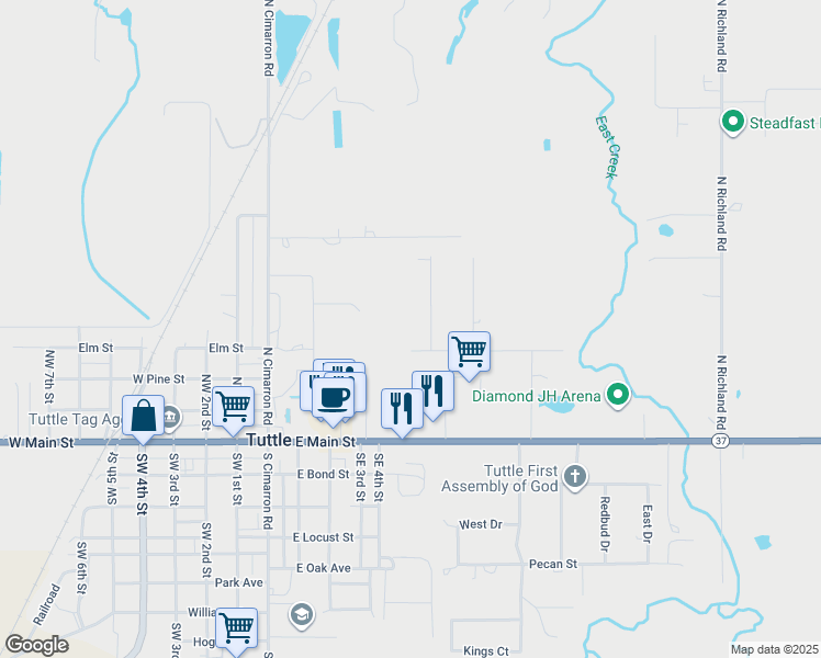 map of restaurants, bars, coffee shops, grocery stores, and more near 211 Scottie Drive in Tuttle