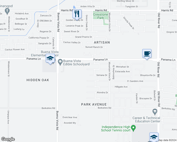 map of restaurants, bars, coffee shops, grocery stores, and more near 10823 Valverde Drive in Bakersfield