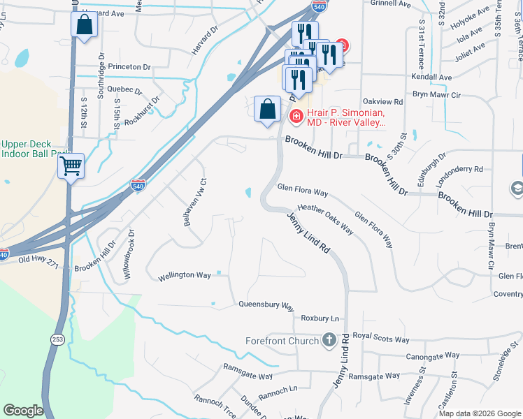 map of restaurants, bars, coffee shops, grocery stores, and more near 9424 Jenny Lind Road in Fort Smith