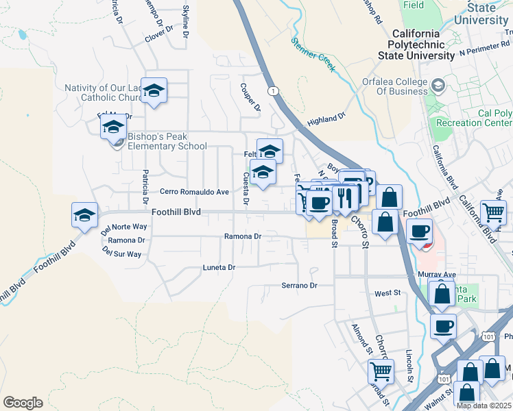 map of restaurants, bars, coffee shops, grocery stores, and more near 525 Cerro Romauldo Avenue in San Luis Obispo