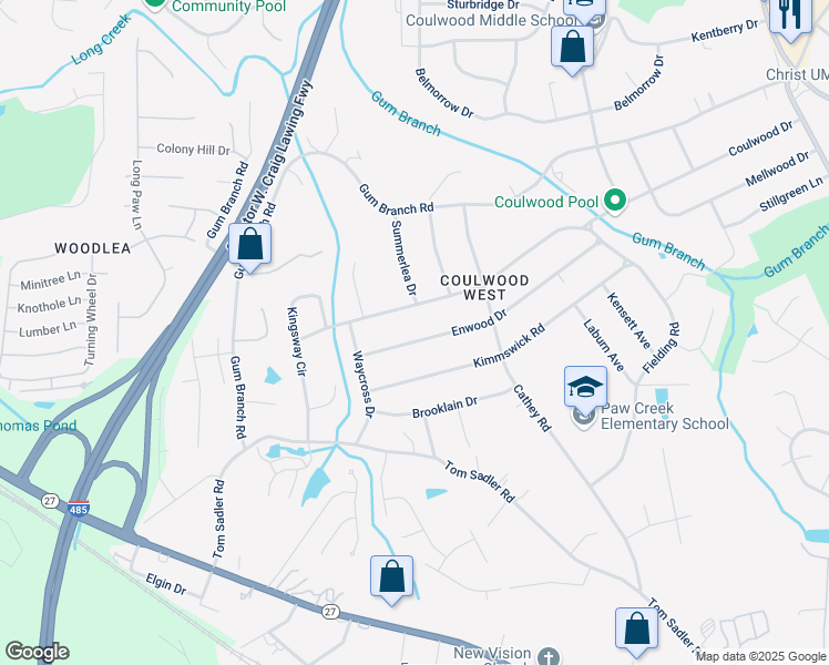 map of restaurants, bars, coffee shops, grocery stores, and more near 258 Enwood Drive in Charlotte