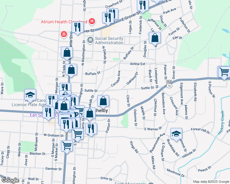 map of restaurants, bars, coffee shops, grocery stores, and more near 408 Carolina Avenue in Shelby