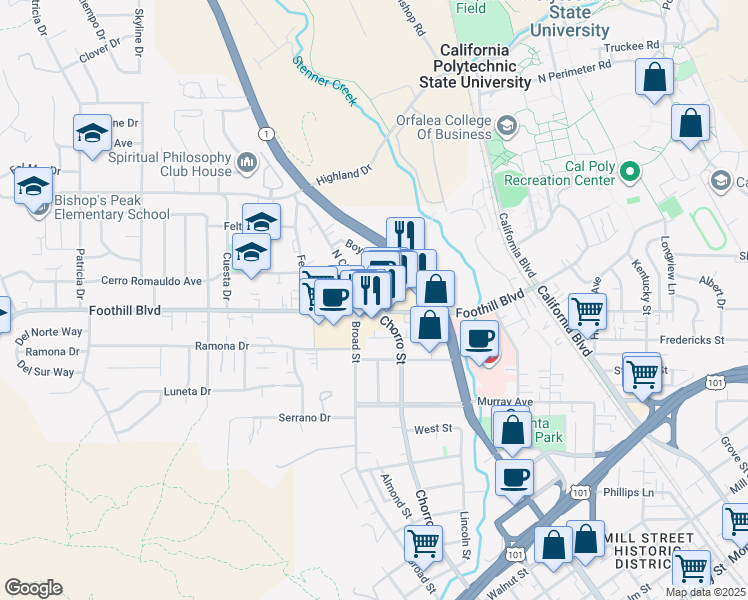 map of restaurants, bars, coffee shops, grocery stores, and more near 881 Boysen Avenue in San Luis Obispo